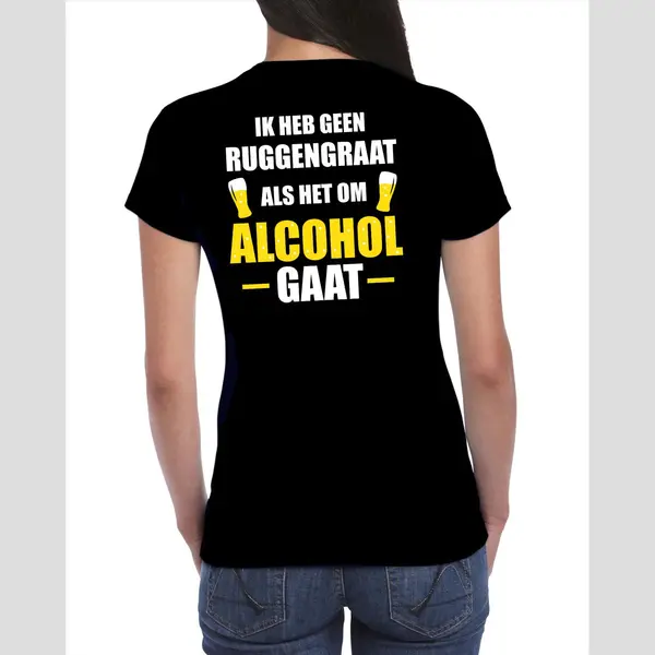 Bellatio Decorations Geen Ruggengraat Als Het Om Alcohol / Drank Gaat Fun T-shirt - Zwart Met Wit En Gele Letters - Voor Dames - Bier Drink Shirt Kleding / Outfit / thumbnail