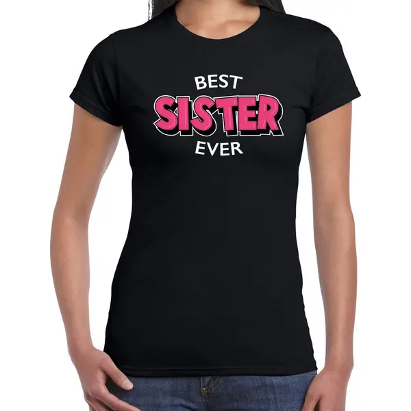 Bellatio Decorations Best Sister Ever / Beste Zus Ooit Cadeau T-shirt / Shirt - Zwart Met Rode En Witte Letters - Voor Dames - Verjaardag Shirt / Cadeau T-shirt S thumbnail