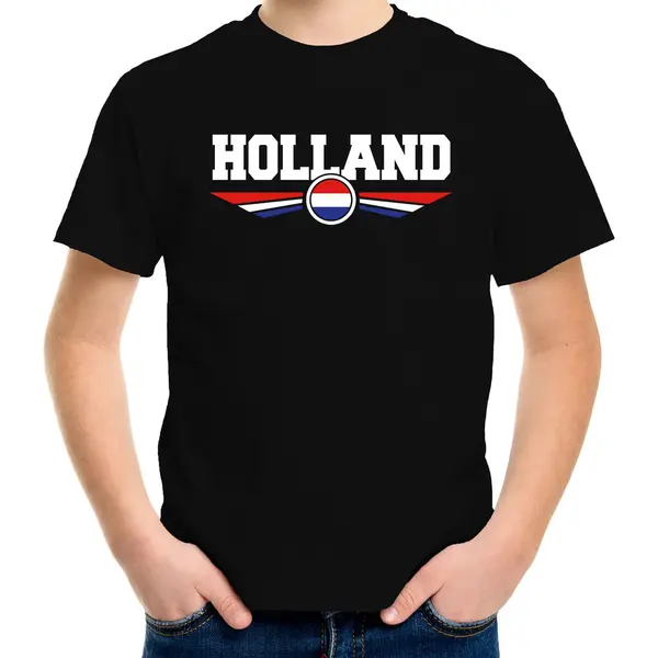 Bellatio Decorations Oranje / Holland Supporter T-shirt / Shirt Zwart Met Nederlandse Vlag Voor Kids - Nederlands Elftal Fan Shirt / Kleding / Holland Supporter 110/116 thumbnail