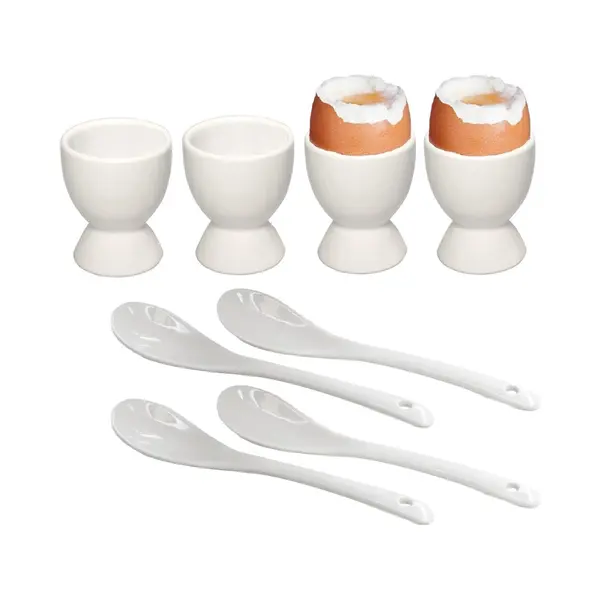 Hi Eierdopjes - 8x Stuks Met Lepel - Keramiek - 6 Cm - Wit - Eierdop thumbnail