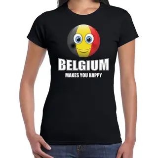 Bellatio Decorations Belgium Makes You Happy Landen T-shirt Belgie Met Emoticon - Zwart - Dames - Belgie Landen Shirt Met Belgische Vlag - Ek / Wk / Olympische Spelen