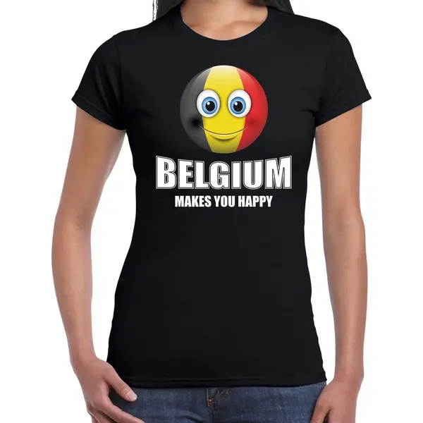 Bellatio Decorations Belgium Makes You Happy Landen T-shirt Belgie Met Emoticon - Zwart - Dames - Belgie Landen Shirt Met Belgische Vlag - Ek / Wk / Olympische Spelen thumbnail