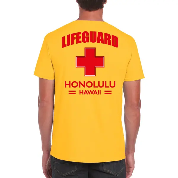 Bellatio Decorations Lifeguard / Strandwacht Verkleed T-shirt / Shirt Lifeguard Honolulu Hawaii Geel Voor Heren - Bedrukking Aan De Achterkant / Reddingsbrigade Shirt / thumbnail