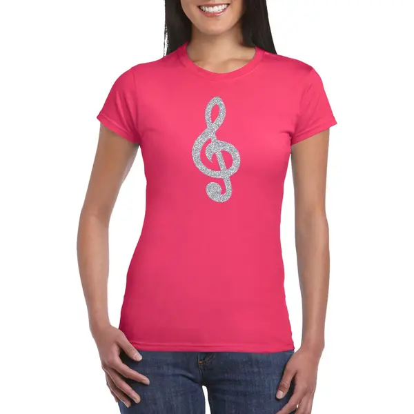 Bellatio Decorations Zilveren Muziek Noot G-sleutel / Muziek Feest T-shirt / Kleding - Roze - Voor Dames - Muziek Shirts / Muziek Liefhebber / Outfit Xxl thumbnail