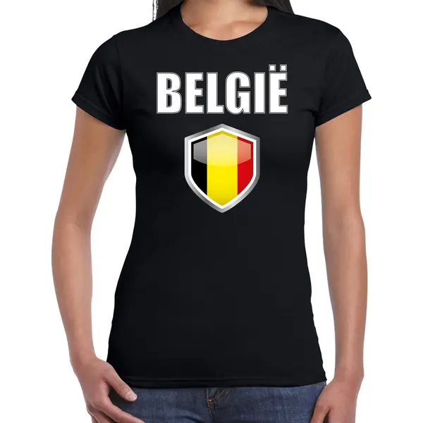 Bellatio Decorations Belgie Landen Supporters T-shirt - Zwart - Dames - Fan Kleding - Korte Mouwen - Met Vlag Schild - Katoen Xxl thumbnail