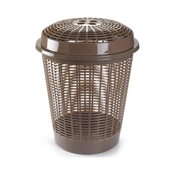 Plasticforte Wasmand Met Deksel - 50 Liter - Bruin - Rond - D45 X H57 Cm - Opbergmand thumbnail