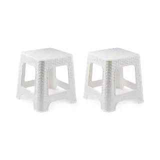 Plasticforte Set Van 2x Stuks Rotan Opstapje/krukje In Het Wit - 32 X 32 X 30 Cm - Keuken/badkamer/slaapkamer Handige Krukjes/opstapjes