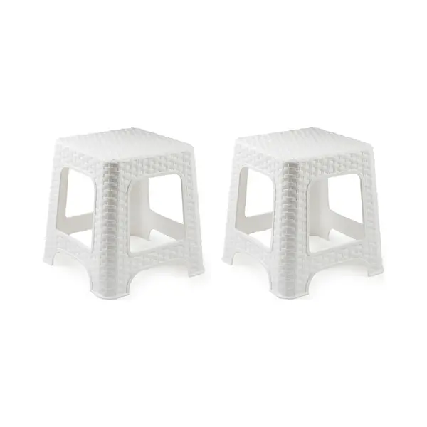 Plasticforte Set Van 2x Stuks Rotan Opstapje/krukje In Het Wit - 32 X 32 X 30 Cm - Keuken/badkamer/slaapkamer Handige Krukjes/opstapjes thumbnail