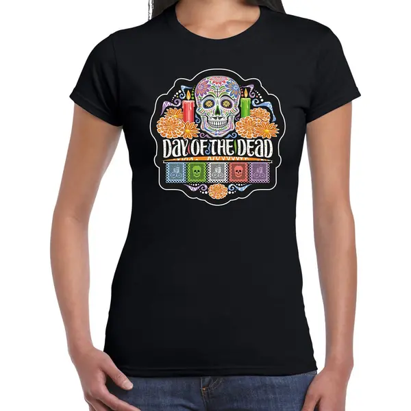 Bellatio Decorations Day Of The Dead / Dag Van De Doden Verkleed T-shirt Zwart Voor Dames - Horror / Halloween Shirt / Kleding / Kostuum / Sugar Skull Xl thumbnail
