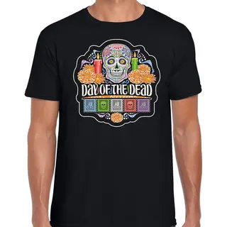 Bellatio Decorations Day Of The Dead / Dag Van De Doden - Halloween - Verkleed T-shirt - Outfit - Zwart - Voor Heren - Kleding / Kostuum / Sugar Skull S
