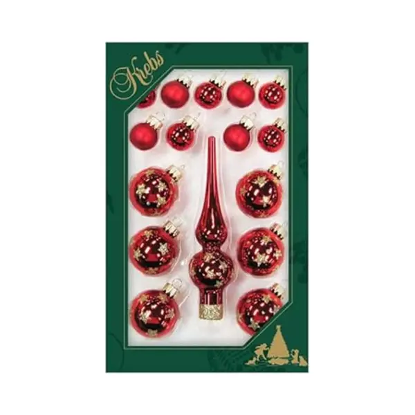 Krebs Mini Kerstballen En Piek Set - 16-dlg - Rood - Glas - Voor Mini Kerstboom - Kerstversiering thumbnail