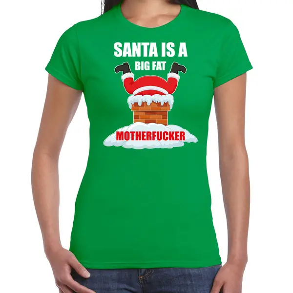 Bellatio Decorations Fout Kerstshirt / Kerst T-shirt Santa Is A Big Fat Motherfucker Groen Voor Dames - Kerstkleding / Christmas Outfit L thumbnail