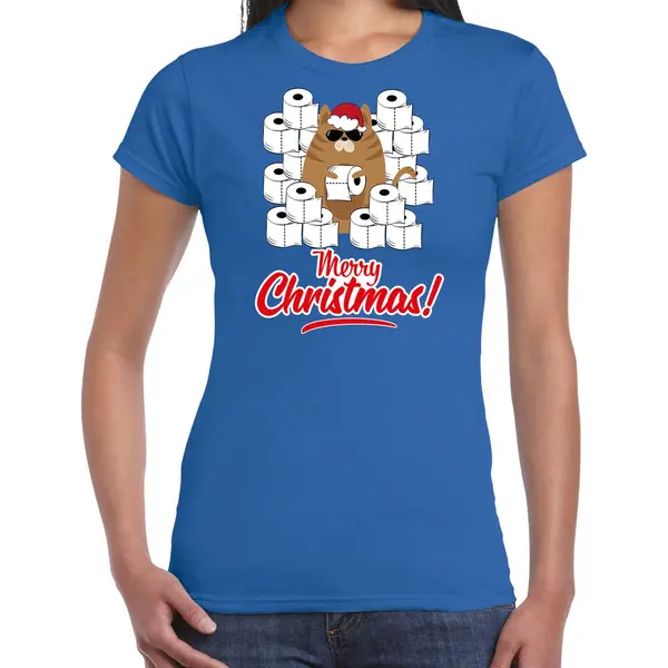 Bellatio Decorations Fout Kerstshirt / Kerst T-shirt Met Hamsterende Kat Merry Christmas Blauw Voor Dames- Kerstkleding / Christmas Outfit M thumbnail