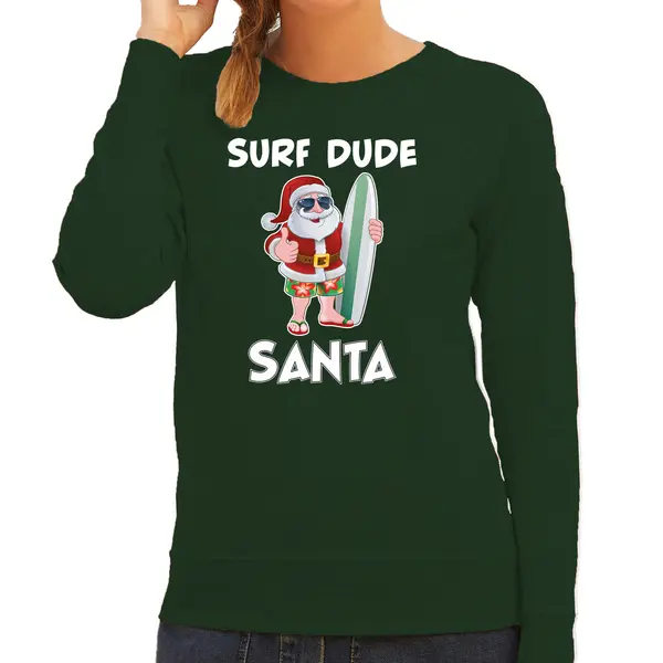 Bellatio Decorations Surf Dude Santa Fun Kerstsweater / Kersttrui Groen Voor Dames - Kerstkleding / Christmas Outfit M thumbnail