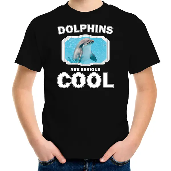 Bellatio Decorations Dieren Dolfijnen T-shirt Zwart Kinderen - Dolphins Are Serious Cool Shirt Jongens/ Meisjes - Cadeau Shirt Dolfijn/ Dolfijnen Liefhebber - thumbnail