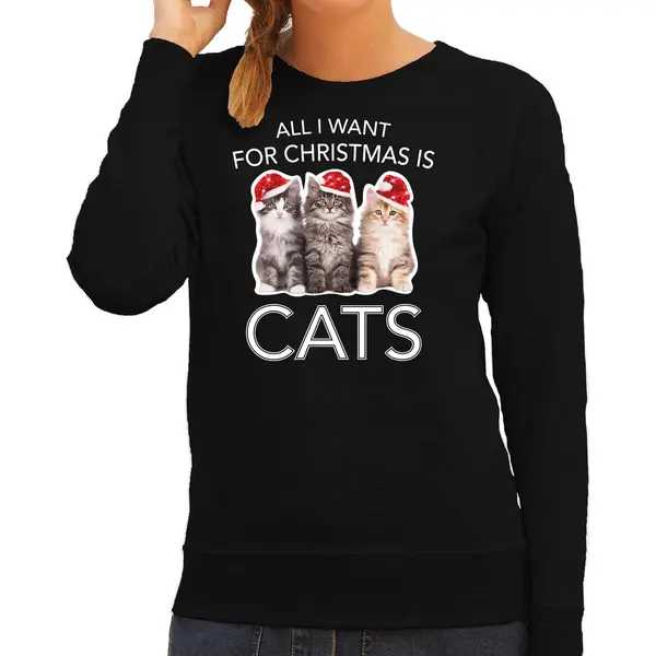 Bellatio Decorations Kitten Kerstsweater / Kersttrui All I Want For Christmas Is Cats Zwart Voor Dames - Kerstkleding / Christmas Outfit M thumbnail