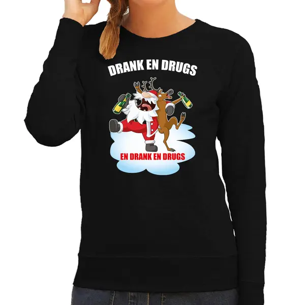 Bellatio Decorations Foute Kerstsweater / Kersttrui Drank En Drugs Zwart Voor Dames - Kerstkleding / Christmas Outfit Xl thumbnail