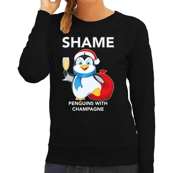 Bellatio Decorations Pinguin Kerstsweater / Kersttrui Shame Penguins With Champagne Zwart Voor Dames - Kerstkleding / Christmas Outfit M thumbnail