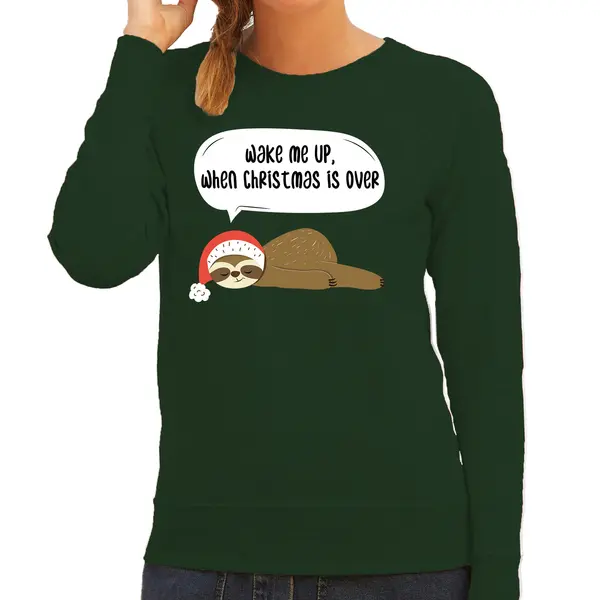 Bellatio Decorations Luiaard Kerstsweater - Wake Me Up When Christmas Is Over - Groen - Voor Dames - Kerstkleding / Christmas Outfit S thumbnail