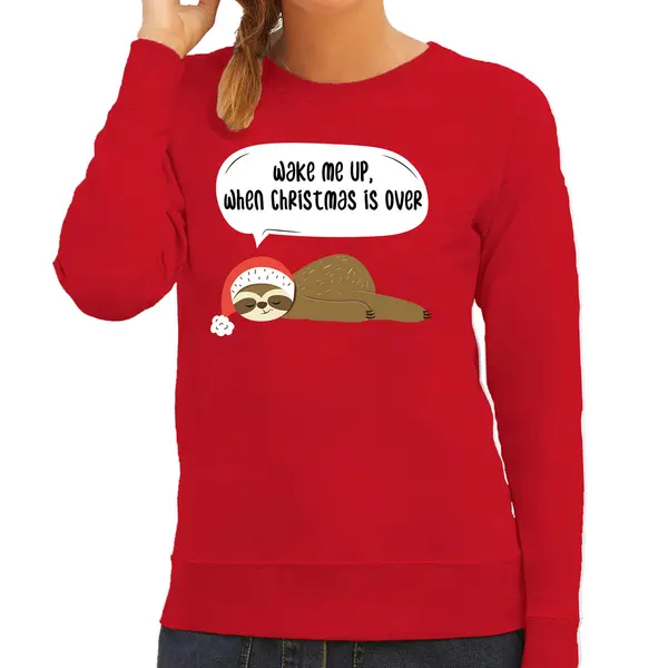 Bellatio Decorations Luiaard Kerstsweater - Wake Me Up When Christmas Is Over - Rood - Voor Dames - Kerstkleding / Christmas Outfit S thumbnail