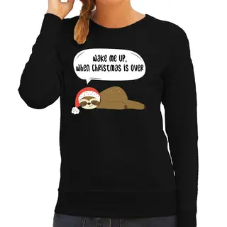 Bellatio Decorations Luiaard Kerstsweater - Wake Me Up When Christmas Is Over - Zwart - Voor Dames - Kerstkleding / Christmas Outfit S