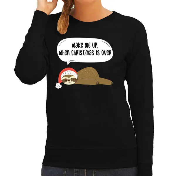 Bellatio Decorations Luiaard Kerstsweater - Wake Me Up When Christmas Is Over - Zwart - Voor Dames - Kerstkleding / Christmas Outfit S thumbnail