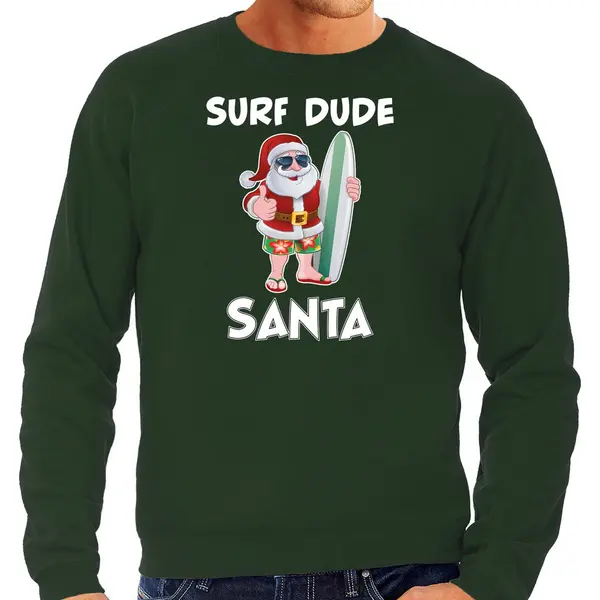 Bellatio Decorations Surf Dude Santa - Fun Kersttrui Sweater - Groen - Voor Heren - Kerstkleding / Christmas Outfit Xxl thumbnail