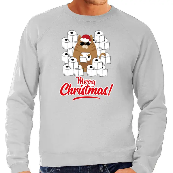 Bellatio Decorations Foute Kerstsweater / Kerst Trui Met Hamsterende Kat Merry Christmas Grijs Voor Heren- Kerstkleding / Christmas Outfit Xl thumbnail