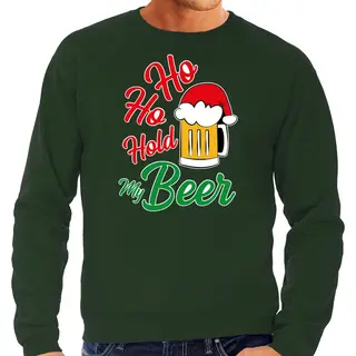 Bellatio Decorations Foute Kersttrui Sweater - Ho Ho Hold My Beer - Groen - Voor Heren - Kerstkleding - Drank L