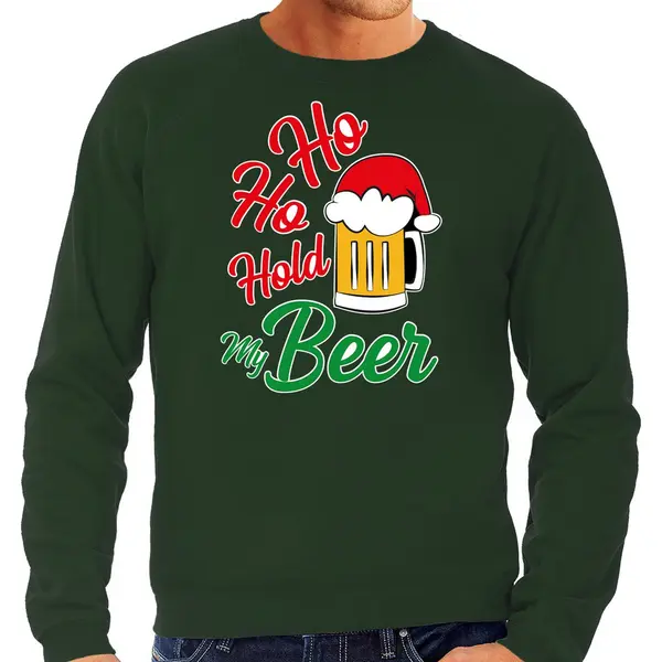 Bellatio Decorations Foute Kersttrui Sweater - Ho Ho Hold My Beer - Groen - Voor Heren - Kerstkleding - Drank L thumbnail