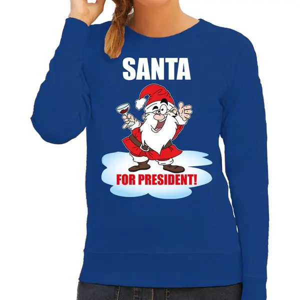 Bellatio Decorations Santa For President Kerstsweater / Foute Kersttrui Blauw Voor Dames - Kerstkleding / Christmas Outfit Xl thumbnail