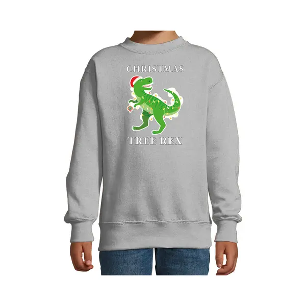 Bellatio Decorations Kerstsweater Christmas T-Rex Dinosaurus - Voor Kinderen - Grijs - Kerstkleding - Lange Mouwen 170/176 thumbnail