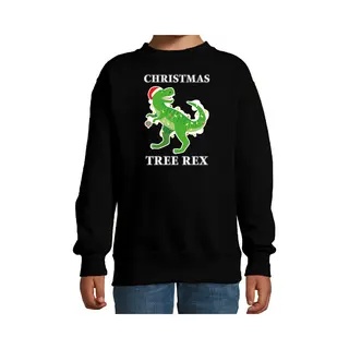 Bellatio Decorations Kerstsweater Christmas T-Rex Dinosaurus - Voor Kinderen - Zwart - Kerstkleding - Lange Mouwen 122/128