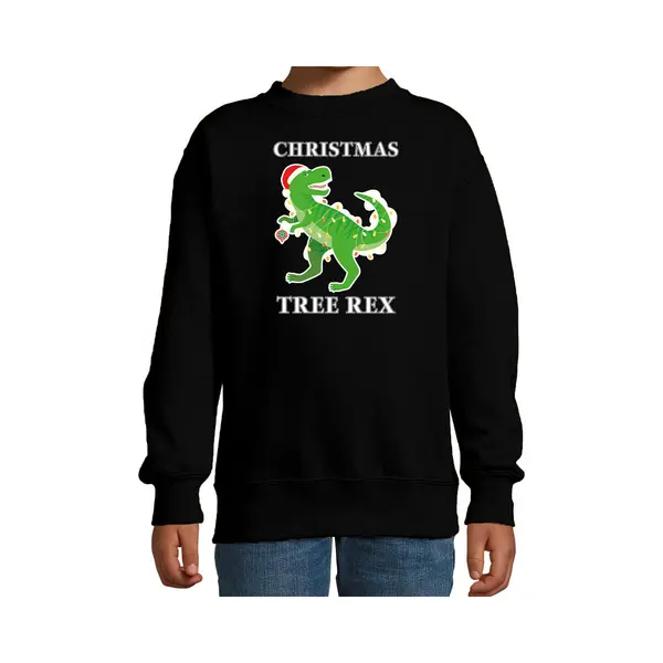 Bellatio Decorations Kerstsweater Christmas T-Rex Dinosaurus - Voor Kinderen - Zwart - Kerstkleding - Lange Mouwen 122/128 thumbnail