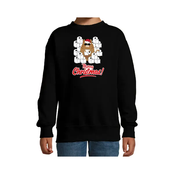 Bellatio Decorations Foute Kerstsweater / Kerst Trui Met Hamsterende Kat Merry Christmas Zwart Voor Kinderen- Kerstkleding / Christmas Outfit 98/104 thumbnail