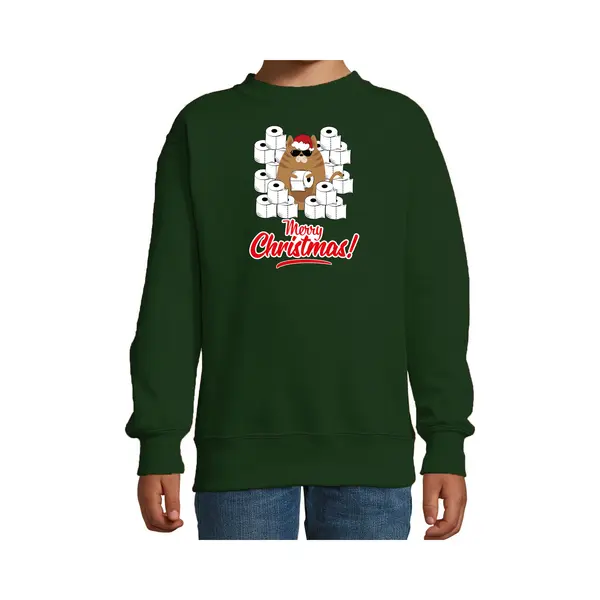 Bellatio Decorations Foute Kerstsweater / Kerst Trui Met Hamsterende Kat Merry Christmas Groen Voor Kinderen- Kerstkleding / Christmas Outfit 170/176 thumbnail