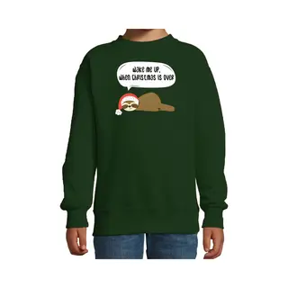 Bellatio Decorations Luiaard Kersttrui Sweater - Wake Me Up When Christmas Is Over - Groen - Voor Kinderen - Kerstkleding - Dieren 170/176