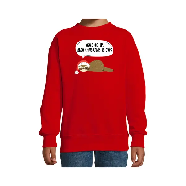 Bellatio Decorations Luiaard Kersttrui Sweater - Wake Me Up When Christmas Is Over - Rood - Voor Kinderen - Kerstkleding - Dieren 110/116 thumbnail