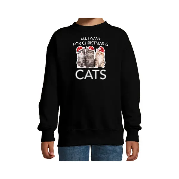 Bellatio Decorations Kitten Katjes Kersttrui Sweater - Outfit All I Want For Christmas Is Cats - Zwart - Voor Kinderen - Dieren - Katten - Poezen 122/128 thumbnail