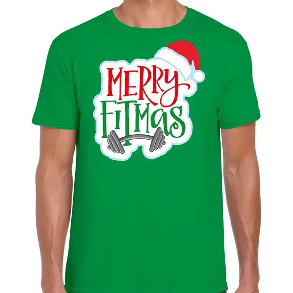 Bellatio Decorations Merry Fitmas Kerstshirt / Kerst T-shirt Groen Voor Heren - Kerstkleding / Christmas Outfit Xl thumbnail