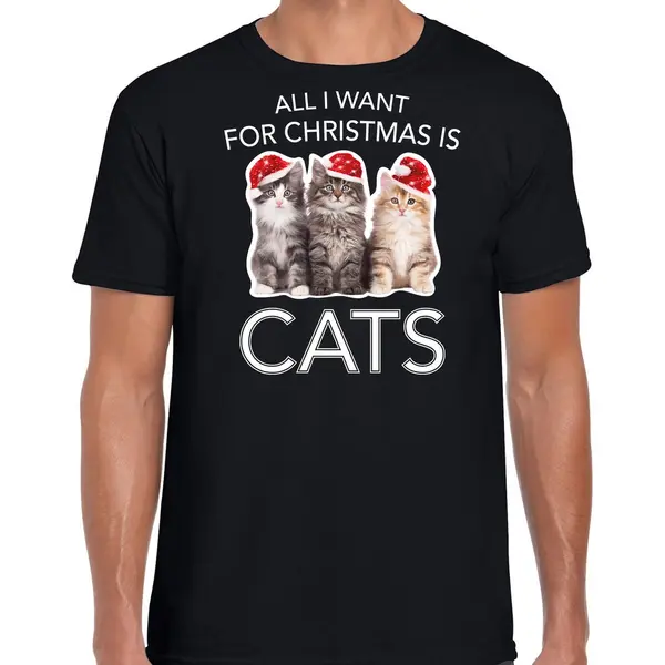 Bellatio Decorations Kitten Katjes Kersttrui T-shirt - All I Want For Christmas Is Cats - Zwart - Voor Heren - Kerstkleding / Christmas Outfit L thumbnail