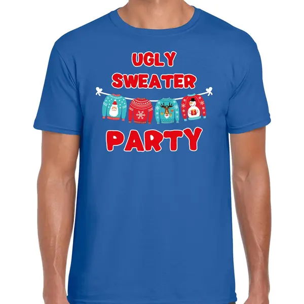 Bellatio Decorations Foute Kersttrui T-shirt - Blauw - Voor Heren - Ugly Sweater Party - Kerstkleding / Christmas Outfit Xxl thumbnail