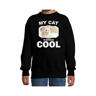 Bellatio Decorations Witte Kat Katten Trui / Sweater My Cat Is Serious Cool Zwart - Kinderen - Katten / Poezen Liefhebber Cadeau Sweaters - Kinderkleding / Kleding 134/146