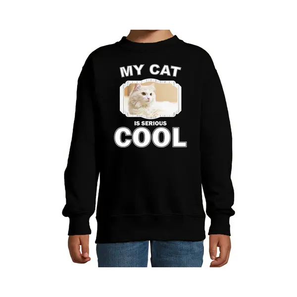 Bellatio Decorations Witte Kat Katten Trui / Sweater My Cat Is Serious Cool Zwart - Kinderen - Katten / Poezen Liefhebber Cadeau Sweaters - Kinderkleding / Kleding 134/146 thumbnail