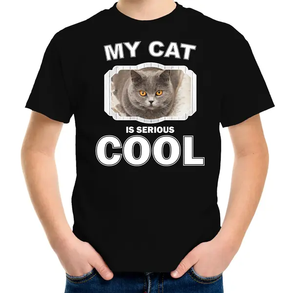 Bellatio Decorations Britse Korthaar Katten T-shirt My Cat Is Serious Cool Zwart - Kinderen - Katten / Poezen Liefhebber Cadeau Shirt - Kinderkleding / Kleding 146/152 thumbnail