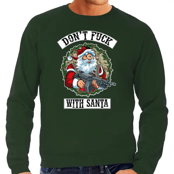 Bellatio Decorations Grote Maten Foute Kersttrui - Sweater - Dont Fuck With Santa - Met Geweer - Groen - Voor Heren - Lange Mouwen Xxxxl thumbnail