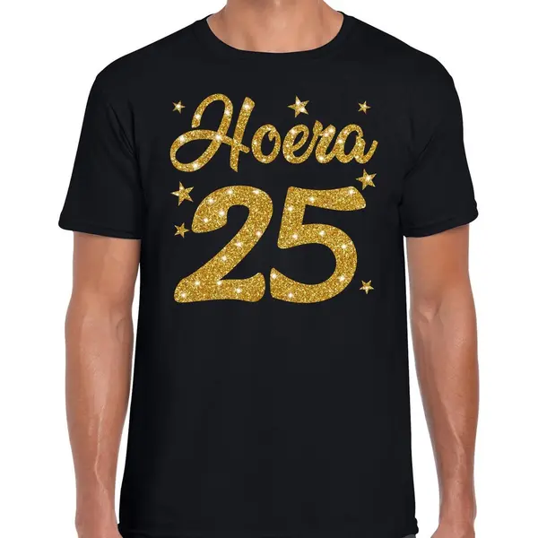 Bellatio Decorations Hoera 25 Jaar Verjaardag - Cadeau T-shirt - Zwart - Gouden Glitter Print - Heren - 25 Geworden S thumbnail