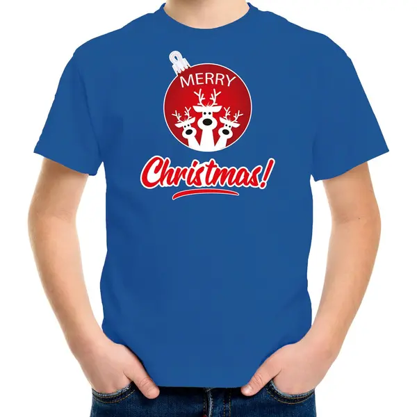 Bellatio Decorations Kersttrui T-shirt - Voor Kinderen - Rendier Bal - Merry Christmas - Blauw - Kerst Diner Kleding 104/110 thumbnail