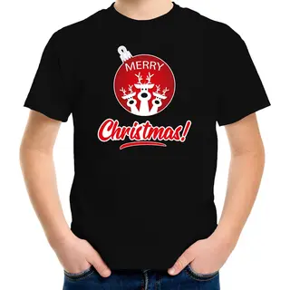 Bellatio Decorations Kersttrui T-shirt - Voor Kinderen - Rendier Bal - Merry Christmas - Zwart - Kerst Diner Kleding 164/176