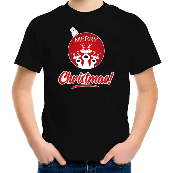 Bellatio Decorations Kersttrui T-shirt - Voor Kinderen - Rendier Bal - Merry Christmas - Zwart - Kerst Diner Kleding 164/176 thumbnail